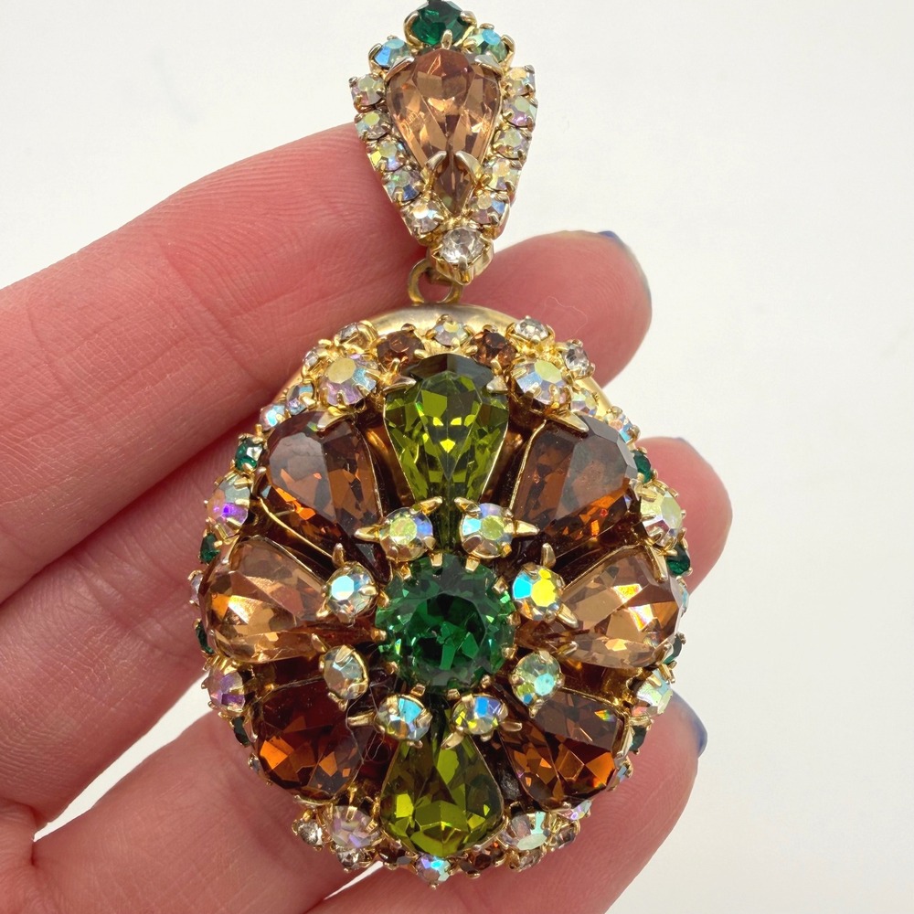 Vintage Rhinestone Locket Pendant Green Amber Aurora Borealis Statement Jewelry